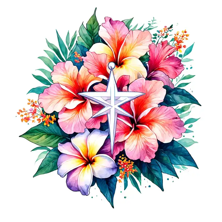 Hibiscus And Plumeria Flowers With Star Of Life In Front