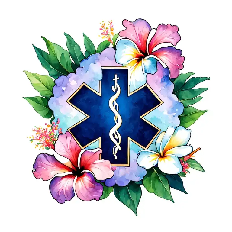 Hibiscus And Plumeria Flowers With Ems Star Of Life In Front