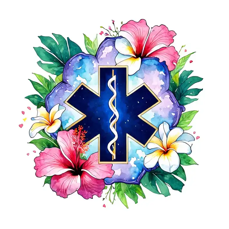 Hibiscus And Plumeria Flowers With Ems Star Of Life In Front