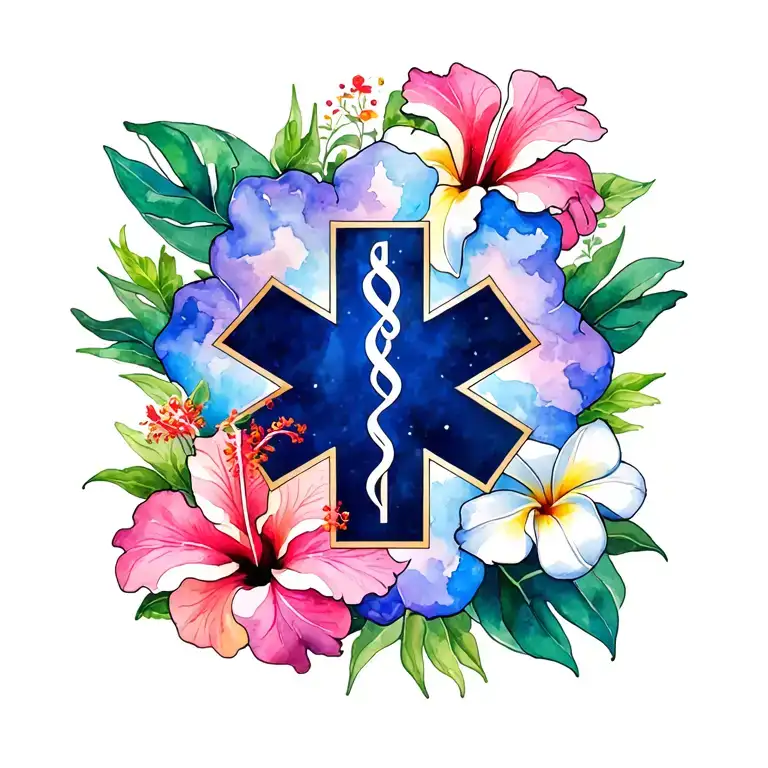 Hibiscus And Plumeria Flowers With Solid Ems Star Of Life In Front