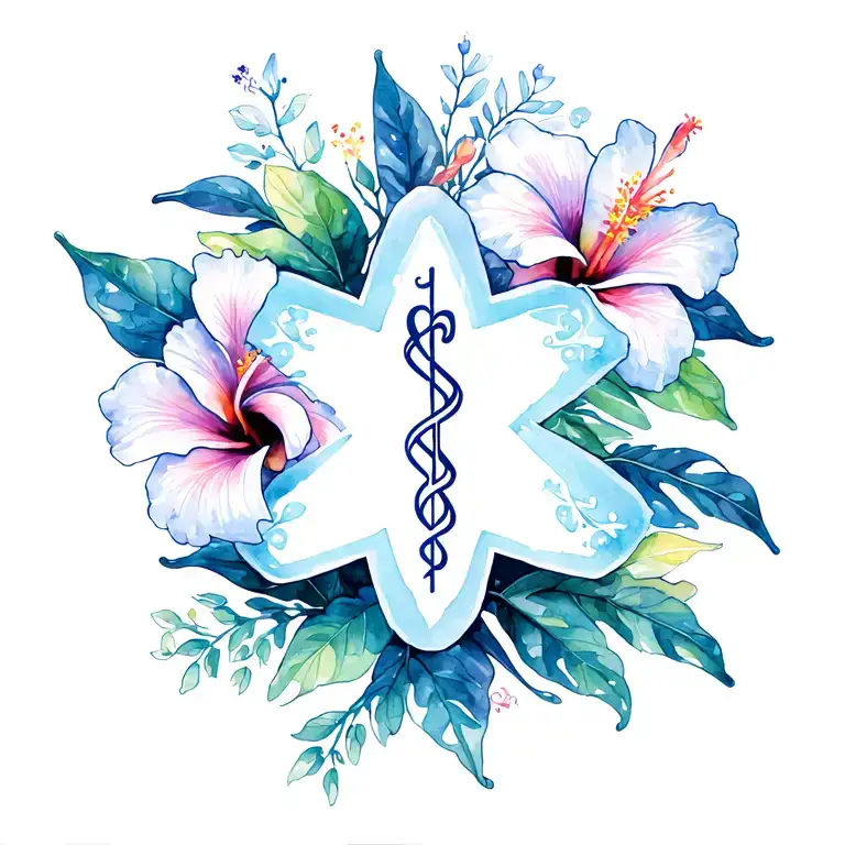 Hibiscus And Plumeria Flowers With Ems Star Of Life In Front