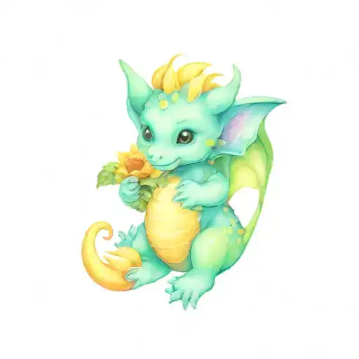 Baby Dragon Holding A Teddy Bear Surrounded By Sunflowers