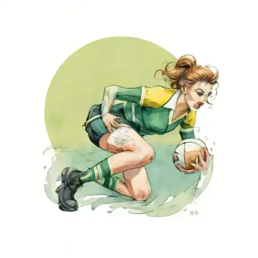 A Pin Up Girl Playing Rugby In A Black Green And Yellow Uniform In The Winter