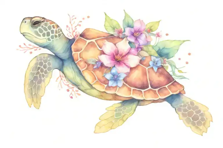 Turtle Swimming With Flowers