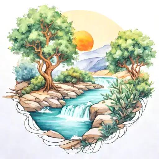 A River With A Campfire On One Side And An Olive Tree On The Other Side Waterfalls Down The Front