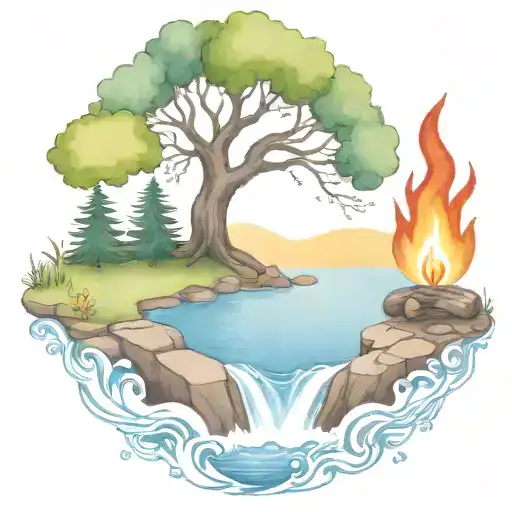 A Rowan Berry Tree And A Campfire Beside A River Waterfalling Down The Front