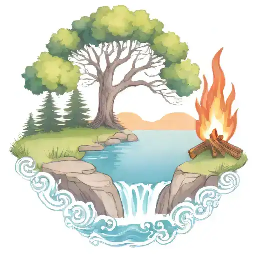 A Rowan Berry Tree And A Campfire Beside A River Waterfalling Down The Front