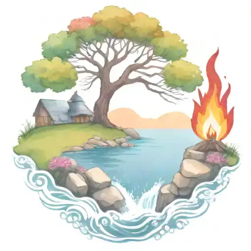 A Rowan Berry Tree And A Campfire Beside A River Waterfalling Down The Front