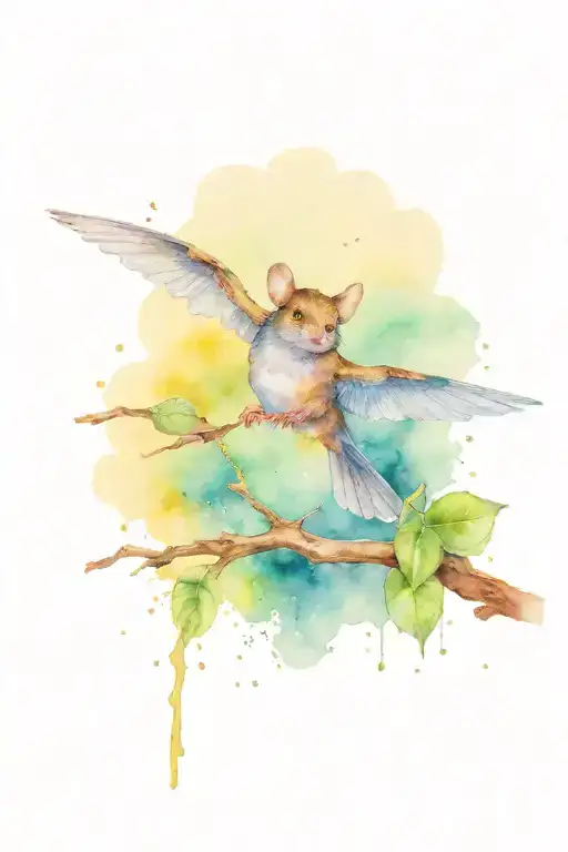 Mouse At Base Of Jacaranda Tree With Wings On Trunk And Wren On Branch