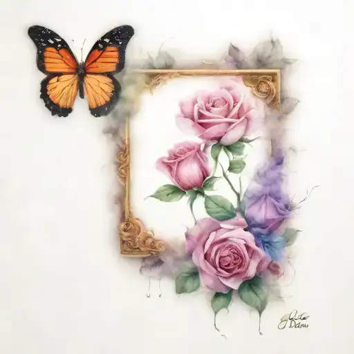 Purple Rose And Butterfly On Thigh