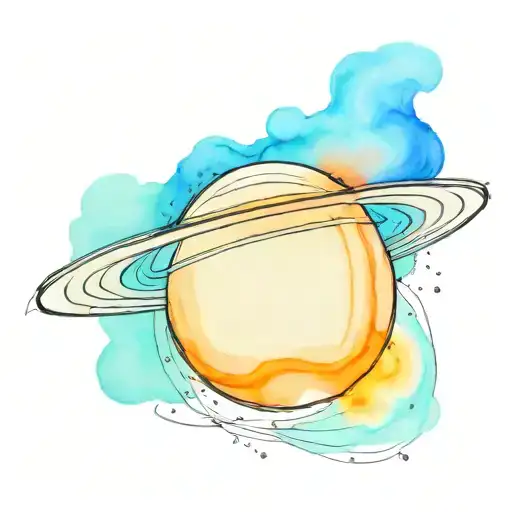 Saturn In Black Line Art Sketch With Vibrant Watercolor Backround