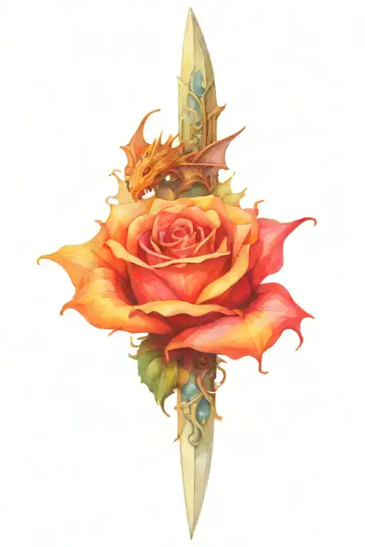 Dagger With Dragon On One Side And Rose On The Other Intertwing On Blade