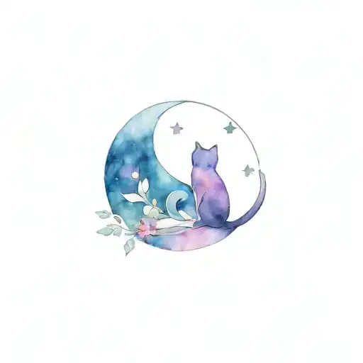 Moon And Cat With Three Stars With The Colors Representing Bisexuality