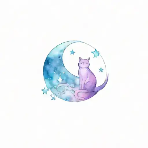 Moon And Cat With Three Stars With The Colors Representing Bisexuality