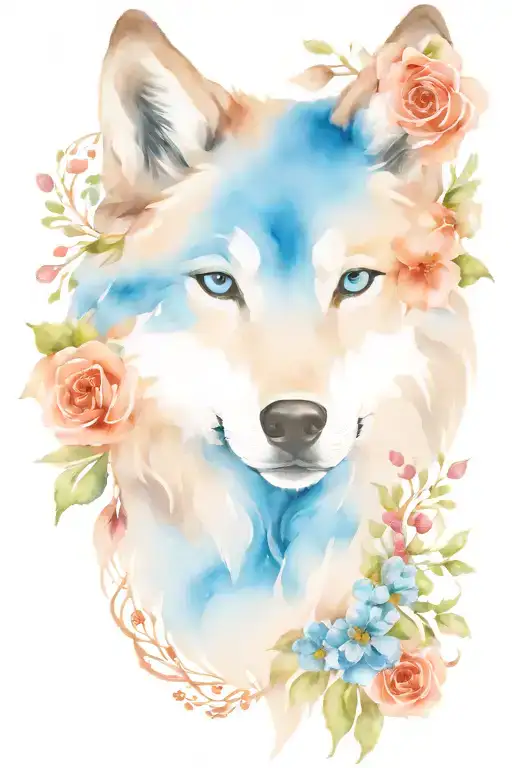 Wolf Head Blue Eyes Surrounded With Flowers