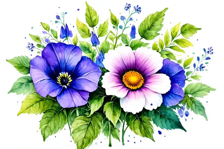 Sweet Pea And Daisy And Morning Glory With Vines And Leaves