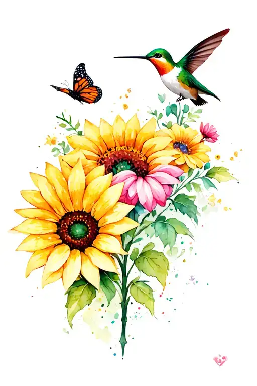 Smaller Sunflower And A Few Other Flowers With A Hummingbird And A Butterfly