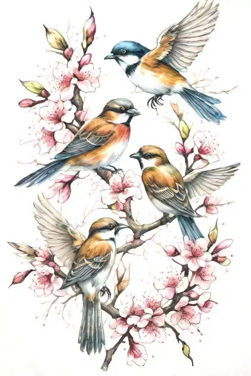 Flying Sparrows With Cherry Blossom Tree