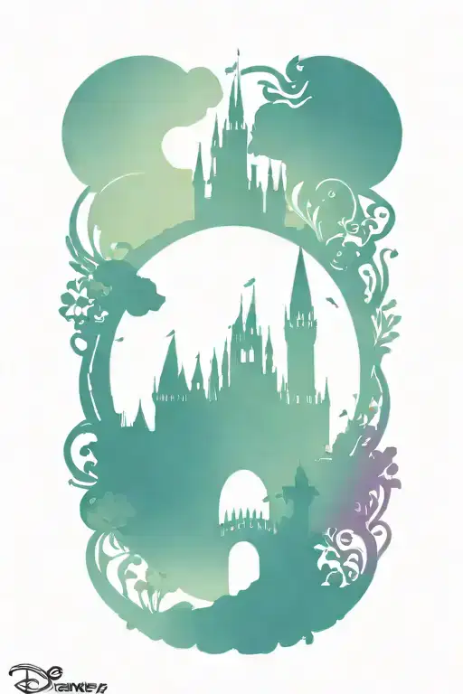 Disney Characters Surrounding The Castle Silhouette