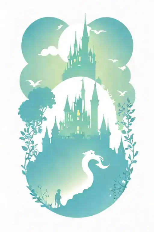 Disney Characters Surrounding The Castle Silhouette