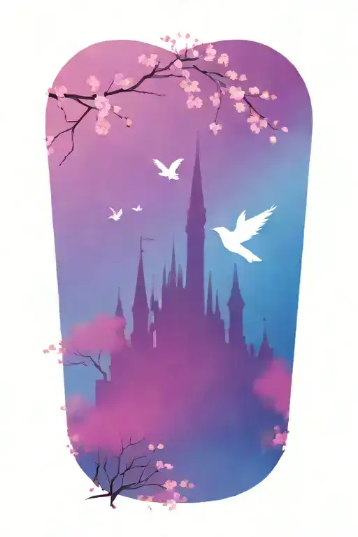 Disney Castle Silhouette With Flying Sparrows And Cherry Blossom Tree