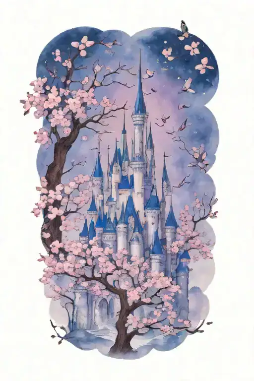 Disney Castle Silhouette With Flying Sparrows And Cherry Blossom Tree