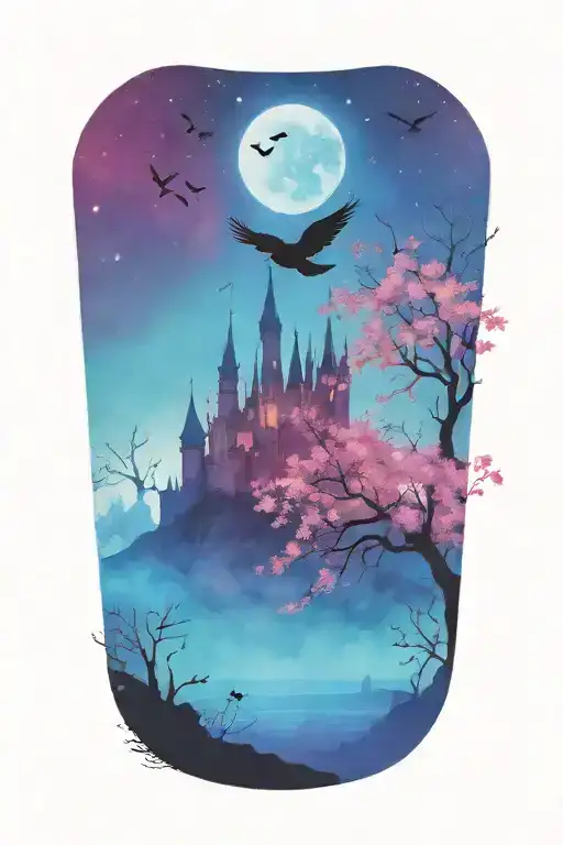 Disney Castle Silhouette With Flying Sparrows And Cherry Blossom Tree