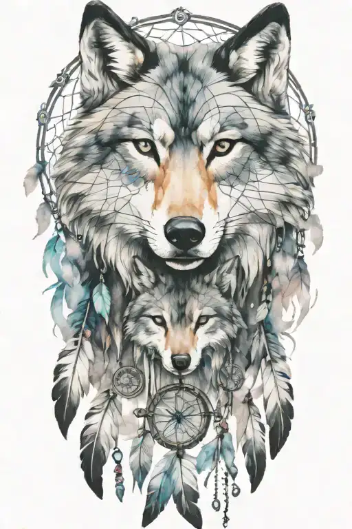 A Unique Tattoo Featuring Wolfs Intertwined With Dream Catchers In A Black-grey Style