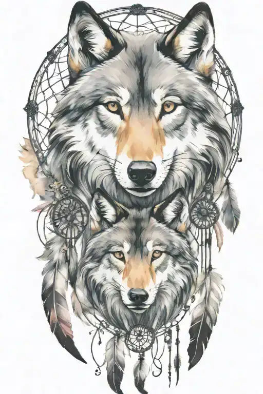 A Unique Tattoo Featuring Wolf Family Intertwined With Dream Catchers In A Black-grey Style