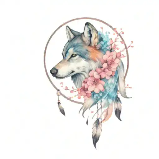 A Disney-inspired Tattoo Featuring A Wolf And A Dream Catcher Intertwined With Cherry Blossoms