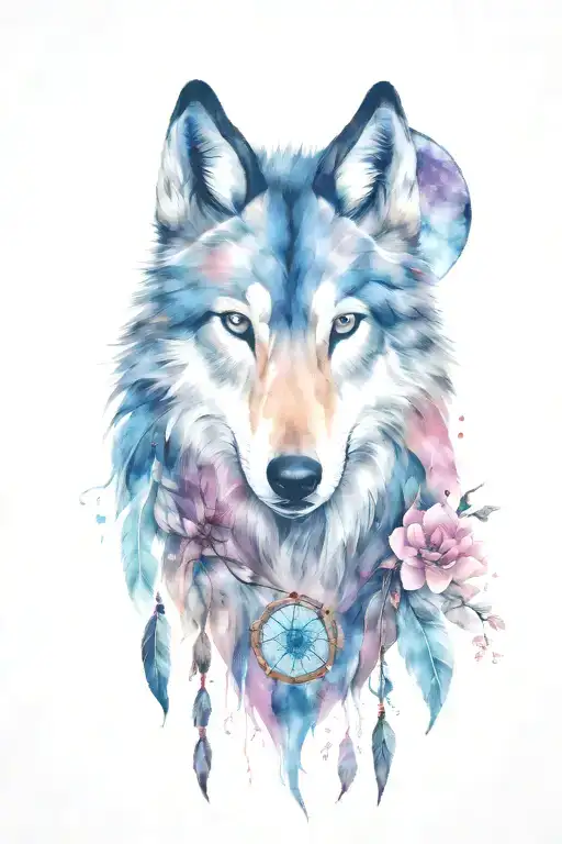 Wolf And Horse With Gem Shapes With Dream Catcher And Cherry Blossom