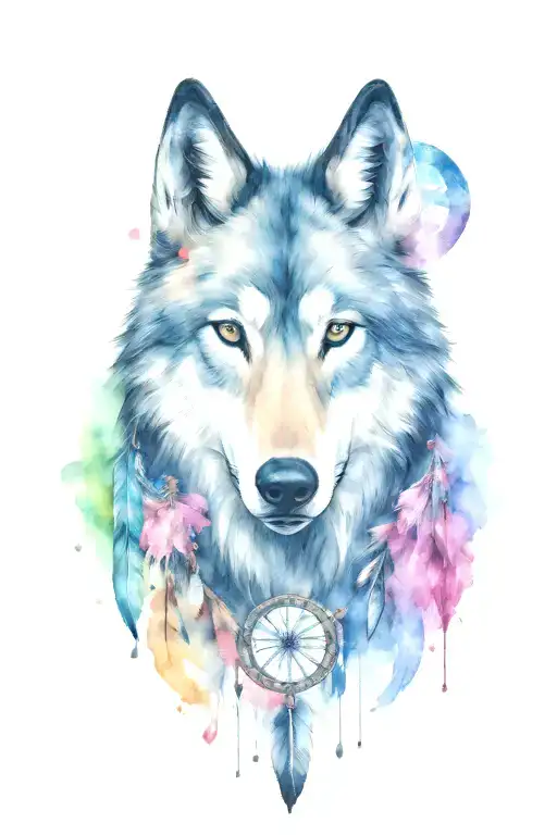 Wolf And Horses With Gem Shapes With Dream Catcher And Cherry Blossom