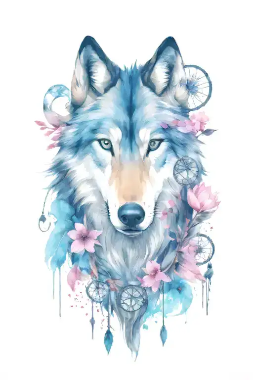 Wolf And Horses With Gem Shapes With Dream Catcher And Cherry Blossom