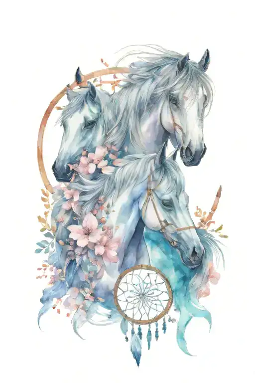 Horses With Gem Shapes With Dream Catcher And Cherry Blossom