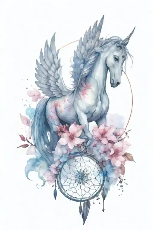 Pegasus With Gem Shapes With Dream Catcher And Cherry Blossom