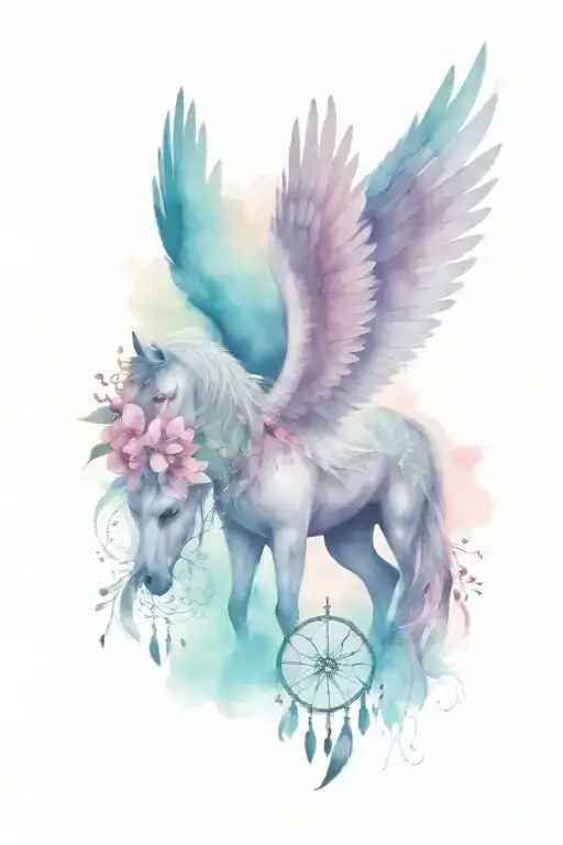 Pegasus With Gem Shapes With Dream Catcher And Cherry Blossom