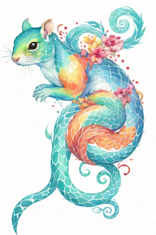 Colorful Snake Wrapping Around A Squirrel With Normal Squirrel Colors