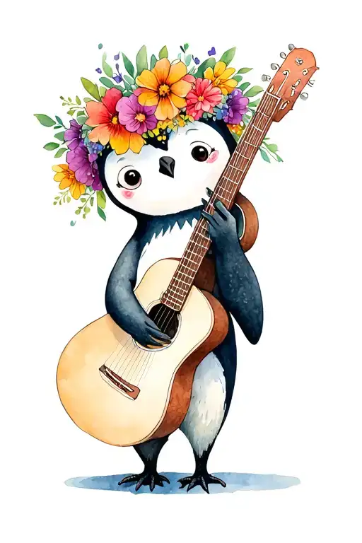 Pingu Wearing Flower Crown Holding Guitar
