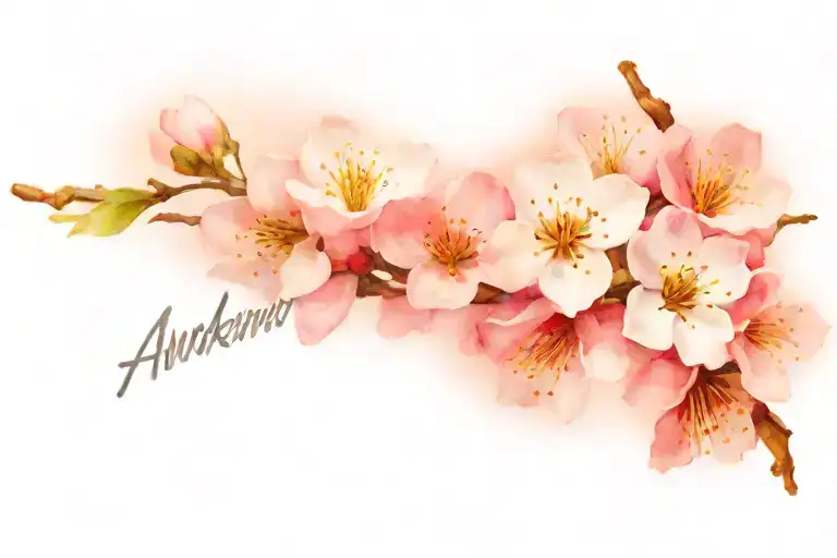 Small Tattoo For Woman Left Upper Chest Of Cherry Blossoms With Word 'Awakened'