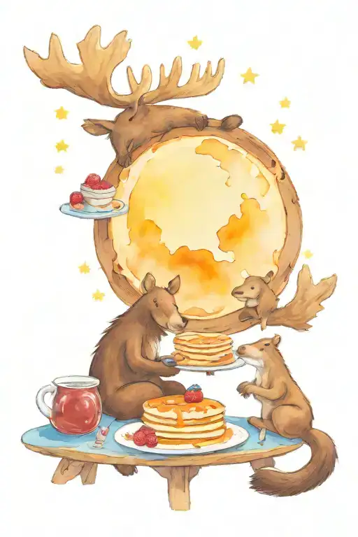 Moose And Beaver Enjoying Pancakes With Maple Syrup Under The Moon