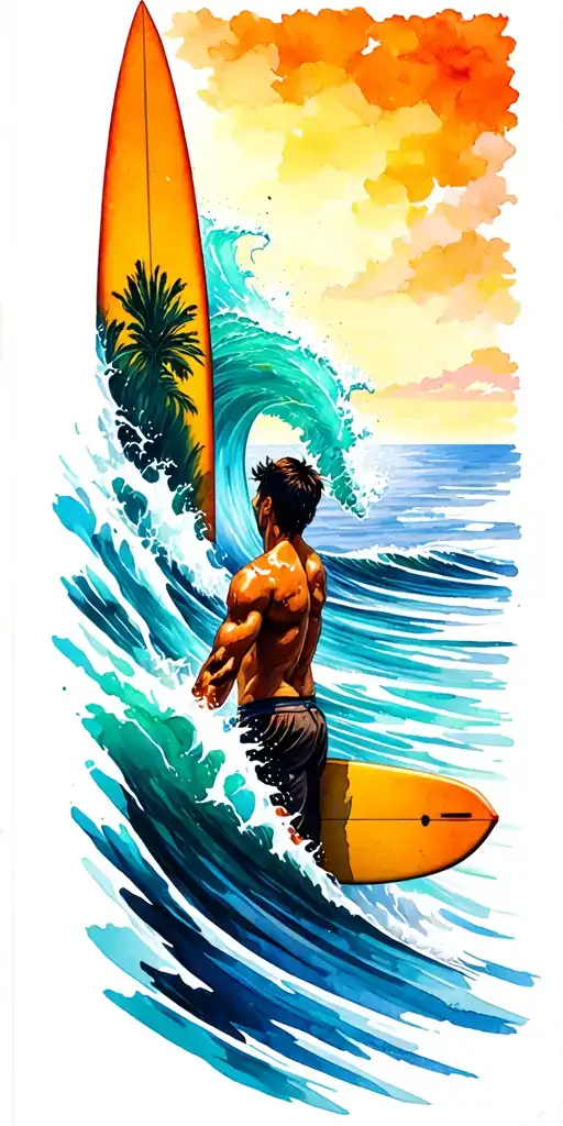 Man With Surfboard Looking Out To Ocean Where A Wave Morphs Into Posedian