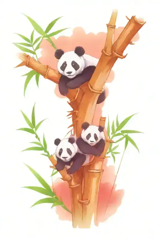Panda And 2 Cubs Playing In Bamboo