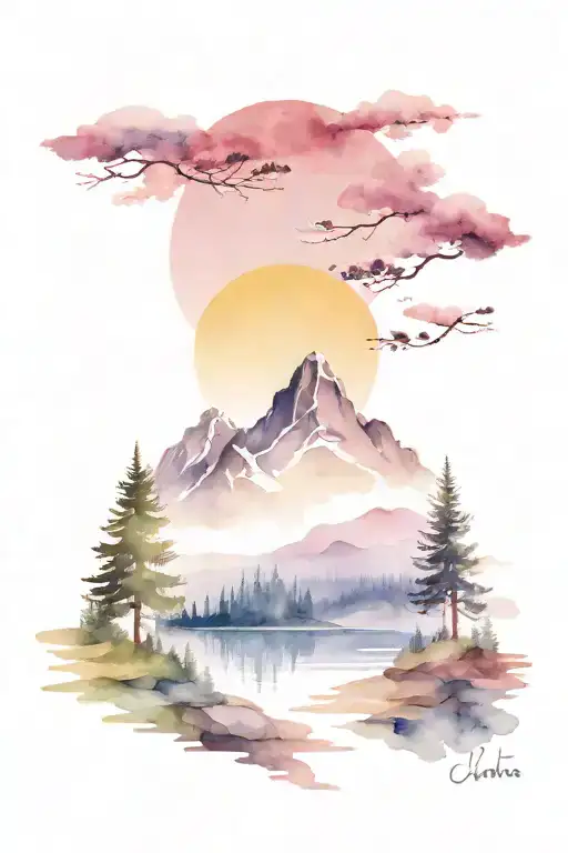 Mountain Scene With Pine Trees A River And The Sunrise