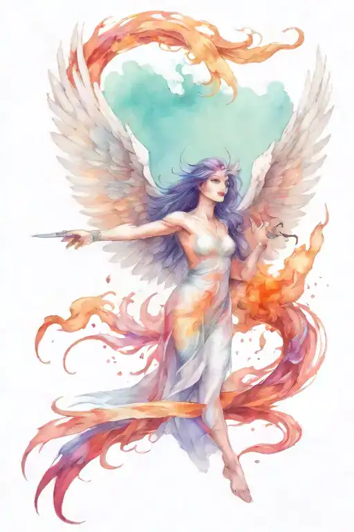 Top Body Angel Bottom Phoenix Rising From The Ashes Holding Dagger