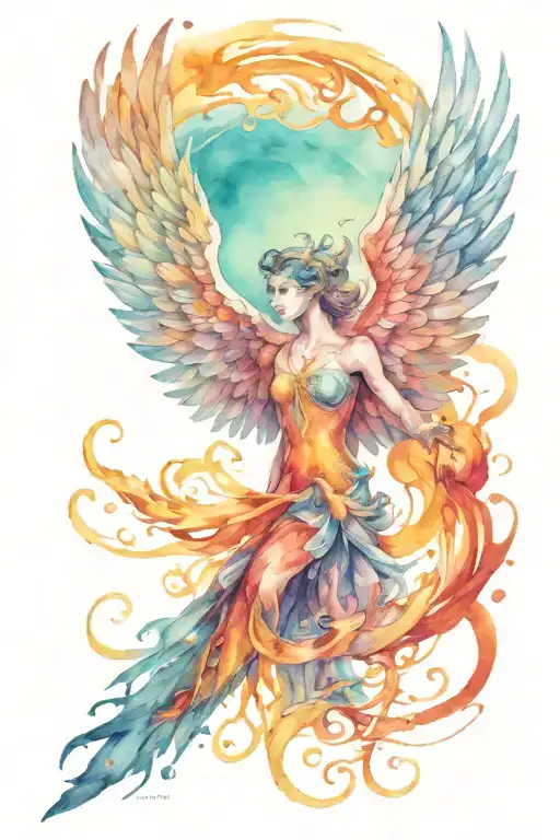 Half Phoenix Half Angel Rising From Fire Holding Dagger