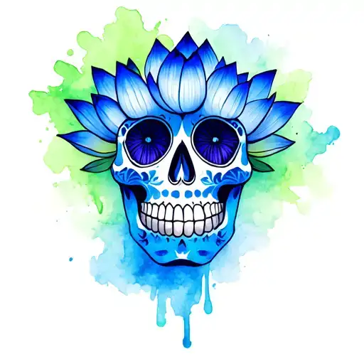 Blue Lotus Flower On Green Multicolored Sugar Skull
