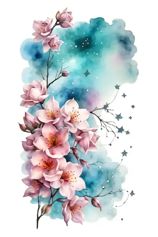 Black And Gray Soft Shading Lilac Blooms And A Night Sky Constellation