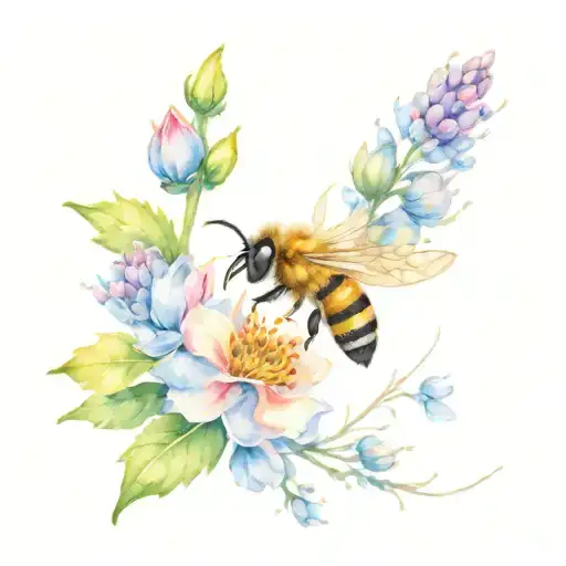 Colored Flowers And Honey Bee With Dashed Line