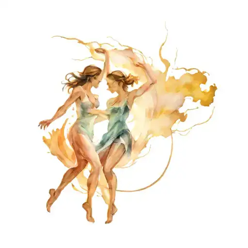 Two Female Figures Dancing In A Thunderstorm With Lightning
