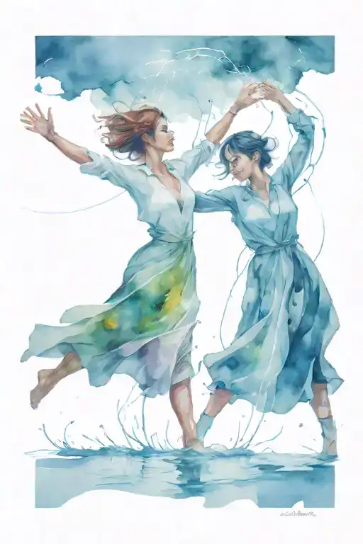 Two Female Figures Dancing In A Puddle Underneath A Thunderstorm With Lightning